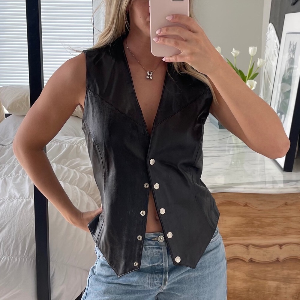 Vintage Boho Biker Firenze Santa Barbara‎ Black Genuine Leather Snap Front Vest